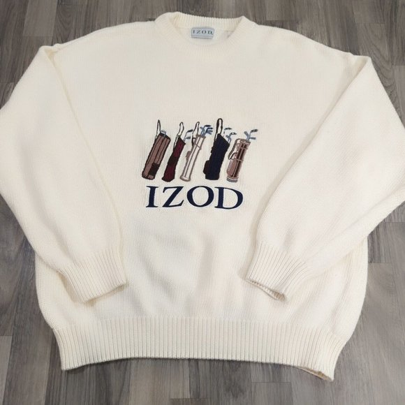 Vtg Izod Sweater Pull Over Embroidered Golf Clubs 100% Cotton Knit Cream Large - Picture 1 of 6